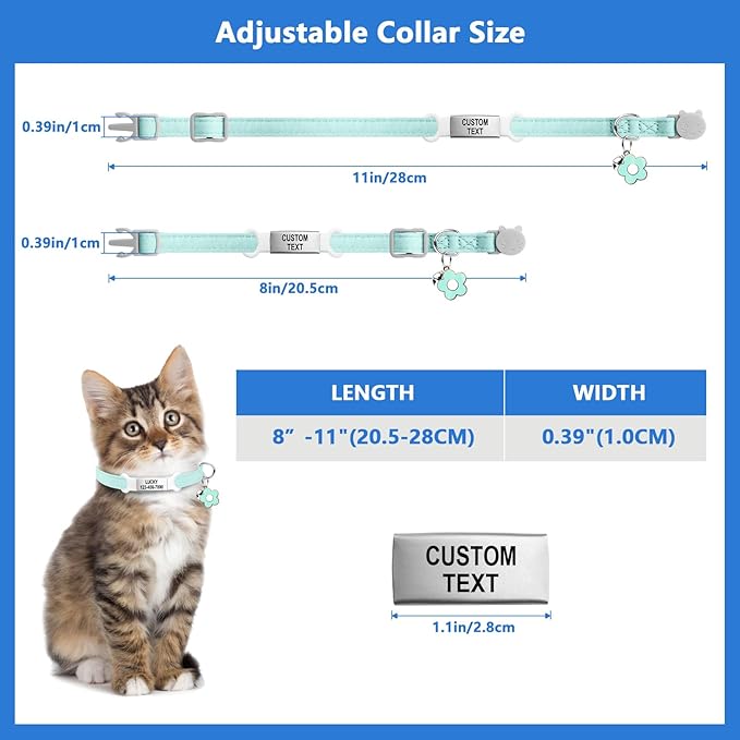 Personalised Glow in the Dark Cat Collar with Bell, Adjustable Breakaway Safety Luminous Collar with Stainless Steel Name Tag Fluorescent Glow (Grow in the Dark)