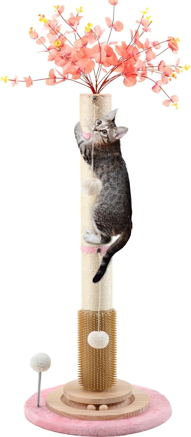45'' Tall Cat Scratching Post,Heavy Duty for Indoor Large Cats 3.5Inch Diameter Natural Sisal Rope Post,Stable Real Wood Base,Artificial Plant Design Scratcher with Interactive Ball Toy for Home Decor