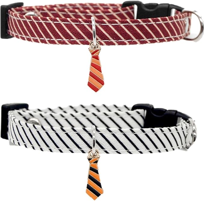 2 Pack Cotton Cat Kitten Collar with tie Accessories, Classic Stripes Cute Cat Collar for boy Girl Cats, Adjustable 7.8-12.2in Kitten Collars for Wedding Formal Party Red & White