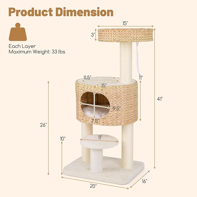 Tangkula Modern Cat Tree, 41 Inch Multi-Level Cat Tower with Cattail Fluff Condo & Top Perch, Hanging Toy, Bed, Removable Cushion, Sisal Scratching Posts for Indoor Cats, Natural