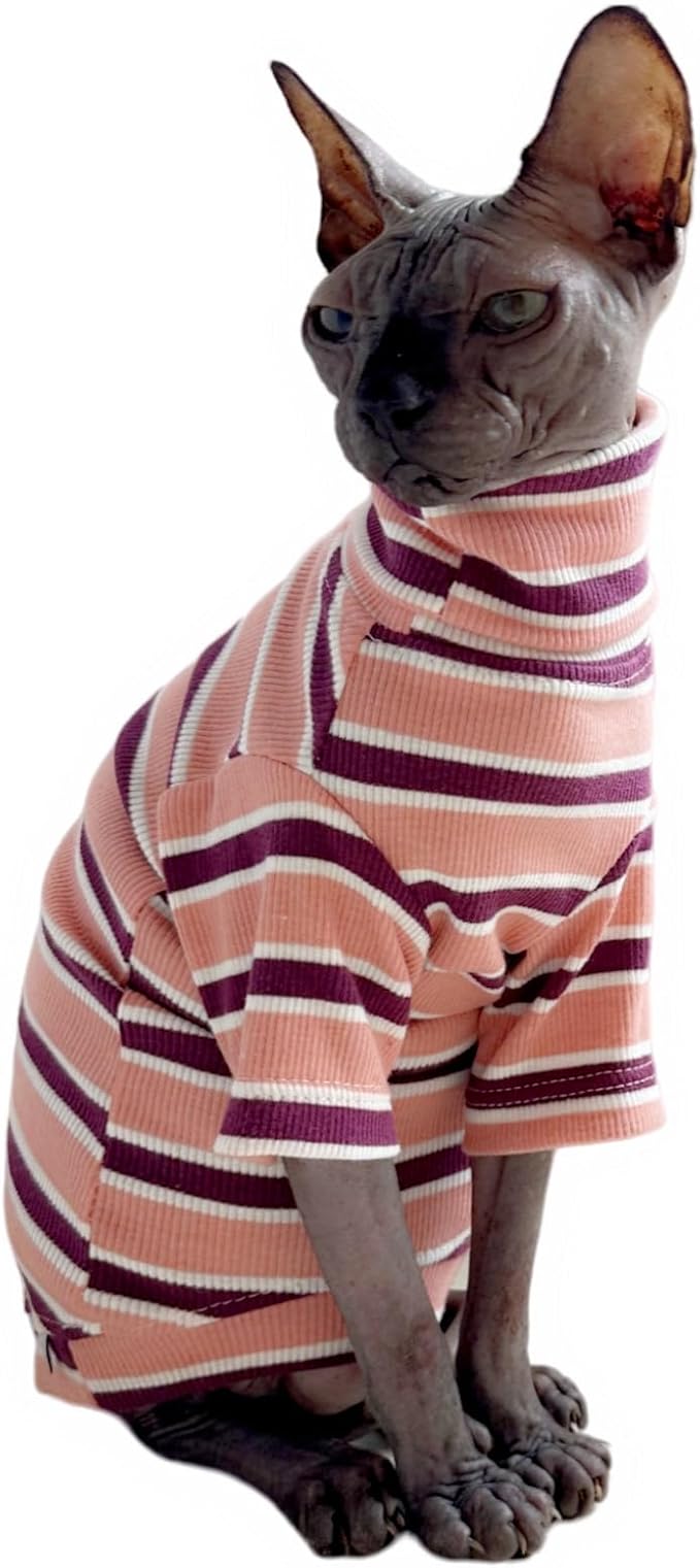 Turtle Neck Vintage Stripes Sphynx Hairless Cat Cotton T-Shirts Pet Clothes Vest Kitten Shirts Sleeveless, Cats & Small Dogs Apparel (Pink, (7-8.8 lbs))