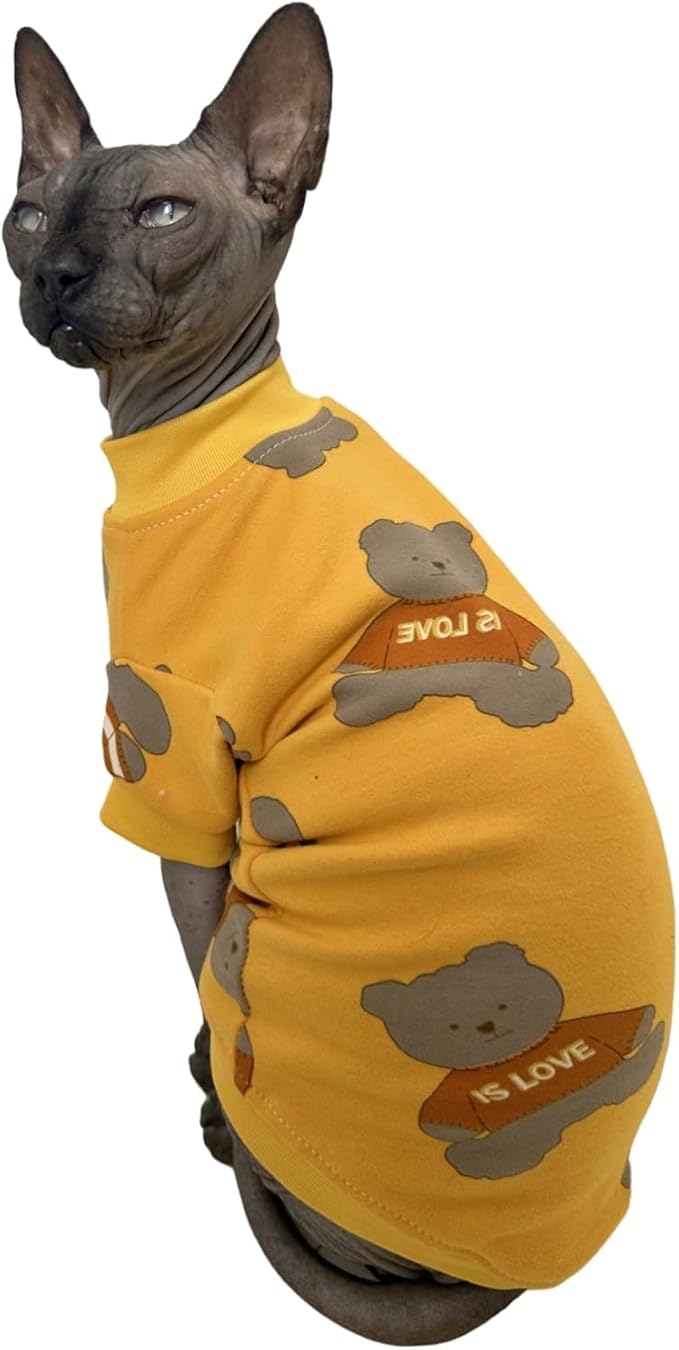 Limited Edition Sphynx Cat T-Shirts Elastic Hairless Cat Sweatshirt Pet Kitten Clothes Round Collar Kitten Shirts Vest Cats & Small Dogs Apparel (Bear, M (5.5-6.6 lbs))