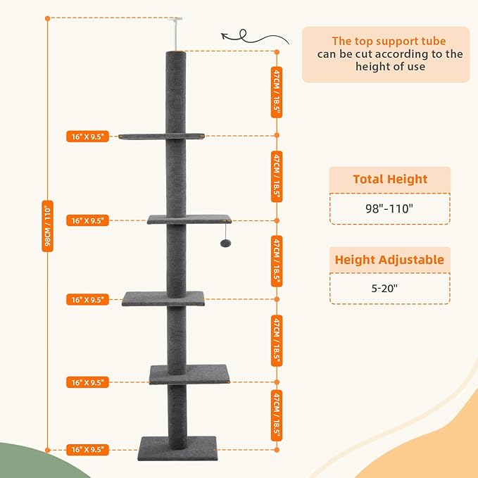 Cat Craft Floor-to-Ceiling Cat Tower, Adjustable 95-108 Inch Tall Carpet Cat Pole with Sisal Scratching Post & Mat, Stable Indoor Activity Furniture for Kitten & Adult Cats, Charcoal