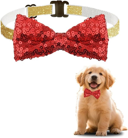 Pet Christmas Collar for Dogs Cats Kitten Puppy Red Glitter Bow Tie for Dog Cat Red Sequin Bow Ties for Cats Dogs Christmas Accessories for Dog Glitter Bowtie for Pet Dogs Cats Neck Tie