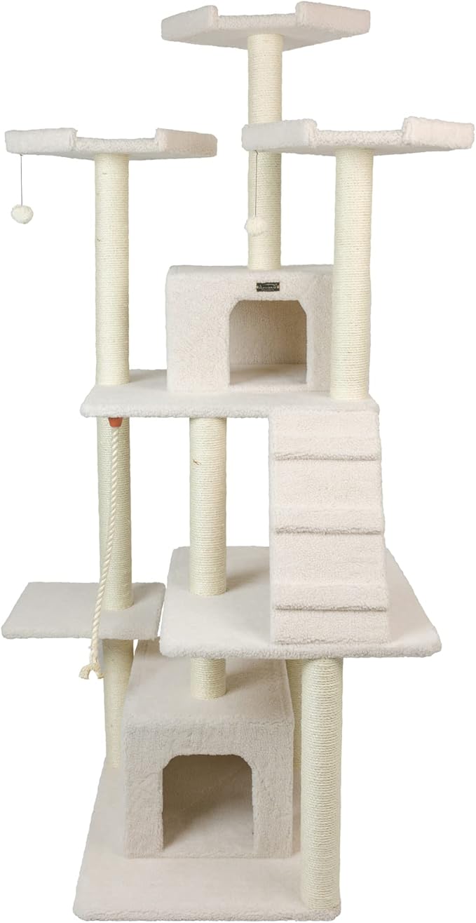 Armarkat B8201 Classic Real Wood Cat Tree in Ivory, Multi Levels with Ramp, Three Perches, Rope Swing, Two Condos