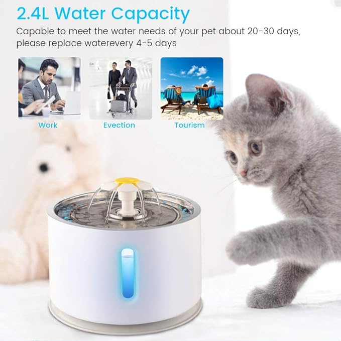 Cat Water Fountain Stainless Steel, 81oz/2.4L Cat Dog Fountain with Water Level Window and LED Light for Water Shortage Alert, Automatic Fountain Upgrade Pump with 3 Replacement Filters and 1 Mat