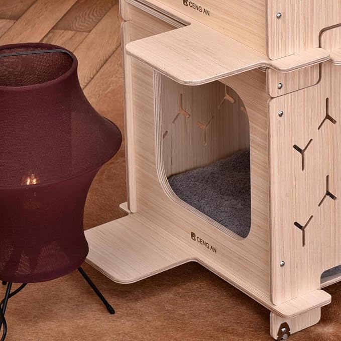 Multi-Functional Wooden Creative Cat Condo, Cat Bed, Natural Wood Cat Tower with Scratching Post, Multi-Level Cat Tree House for Cats，Cat Climbing Ladder,Cat Caves,Cat Box
