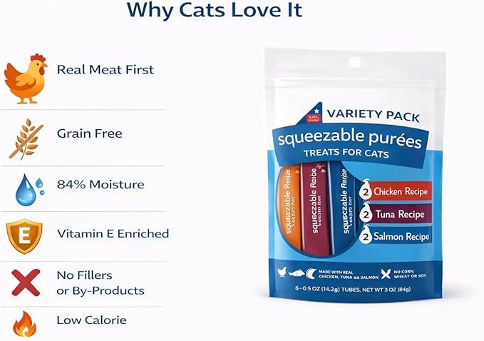 Lickable Squeezable Cat Treats Grain Free Puree Variety Pack 12 Tubes Total Chicken Tuna Salmon Creamy Wet Treats for Picky Eaters Kittens Adults High Protein High Moisture Food Topper Bonding Snack