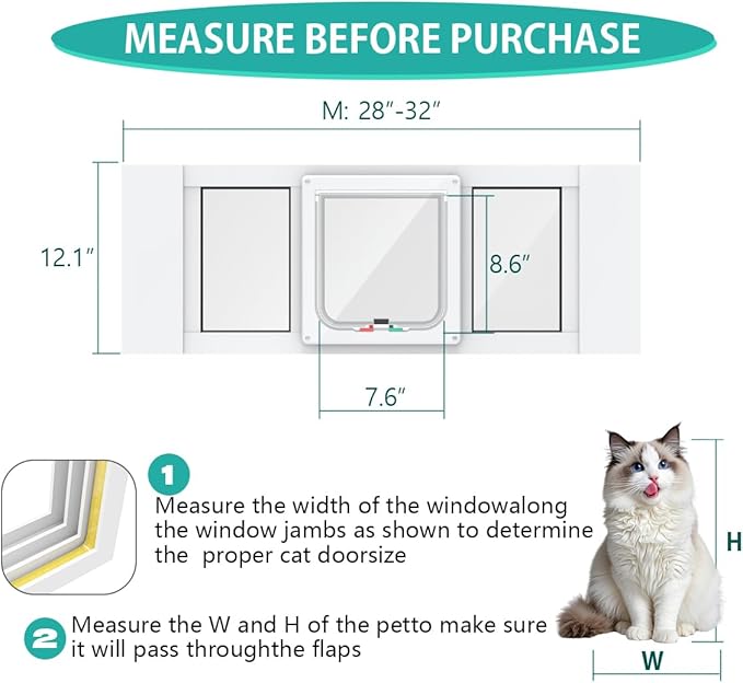 Aluminum Cat Door for Windows - Adjustable to Fit Window Width 28"-32", Quick-Fit Cat Door Window Insert, Magnetic Suction Design, Perfect for Cats