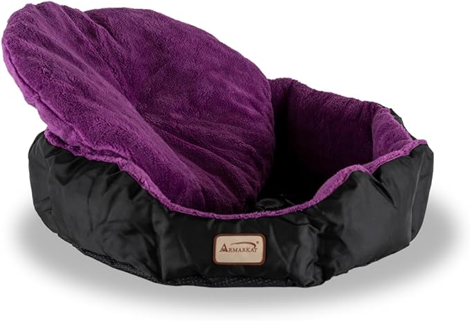 HomeStock Soft Cat Bed - Plush Velvet Round Bed, 23.5" - Bolstered Walls, Machine Washable - Mulberry/Black