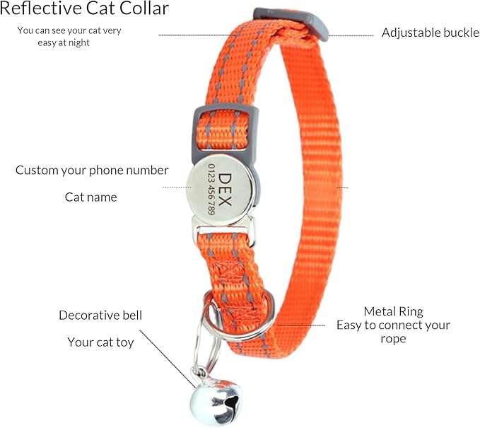 Custom Personalized Reflective Cat Collar with Bell - Engraved Pet Collar with Name & Number, Breakaway Safety Buckle, Adjustable for Cats/Kittens