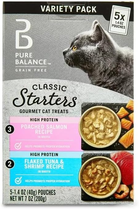 Pure Balance Gourmet Cat Treat Starters, Salmon, Tuna & Shrimp Variety Pack, Wet Cat Treat Topper, High Protein, 5 Count, 1.4 oz Pouches (4-Pack)
