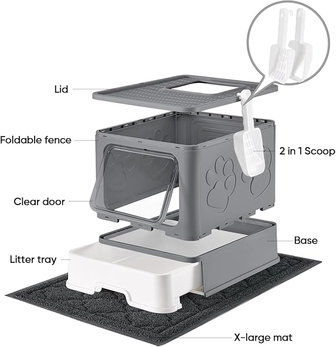 Medario Cat Litter Box with X-Large Litter Mat and Scoop, Large Covered Litter Box with Lid, Enclosed Kitty Box,Front Top Entry Exit, Odor Control Easy to Clean (Upgrade Dark Grey)