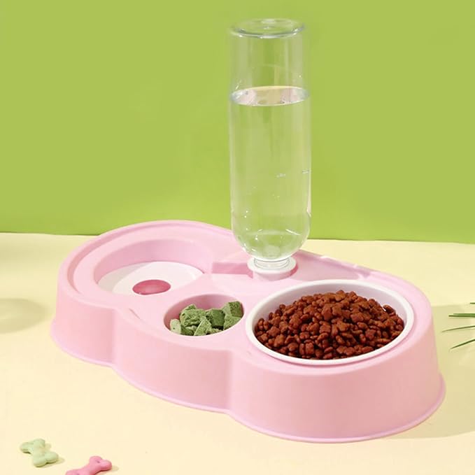 Double Pet Bowl Set, Non - Slip Stable 2-in-1 Food & Water Bowl with Automatic Water Dispenser Bottle, Feeding Station for Cats, Small Dogs and Mini Pets (Pink)