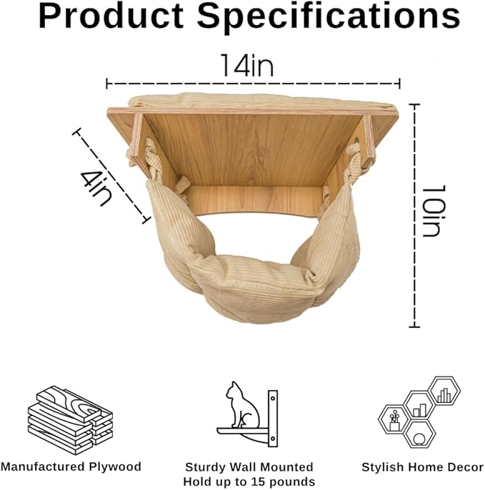 Personalized Hanging Cat Bed, Cat Hammock with Cushion, Wood Wall Mounted Cats Shelf, Wooden Furniture Perch for Playing Sleeping Scratching, Your Pet Gifts