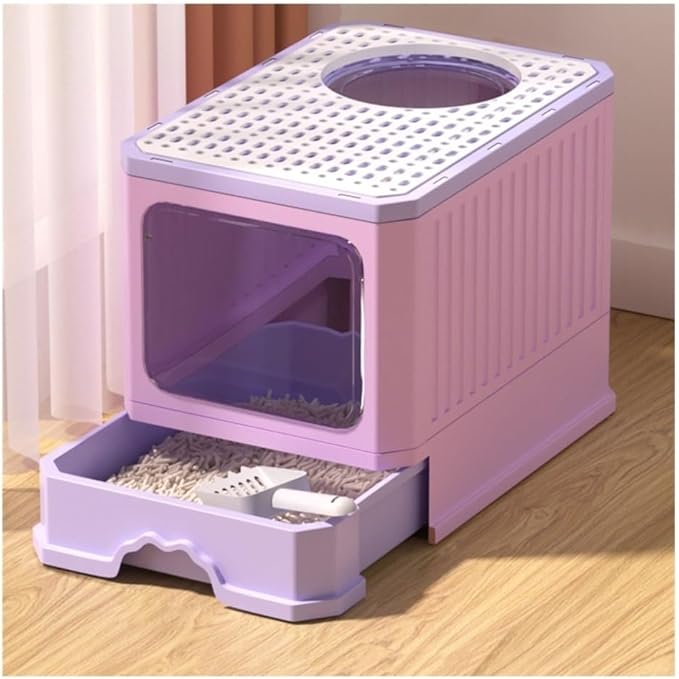 Pet Supplies, Foldable Covered Cat Litter Box with Scoop & Top/Dual Entry(Purple)