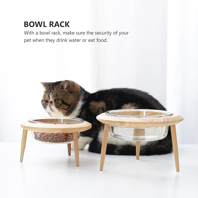 Glass Pet Bowl with Detachable Wooden Stand 14.7cm 480ml Raised Feeder for Cats and Dogs Sturdy Feeding and Watering Supplies