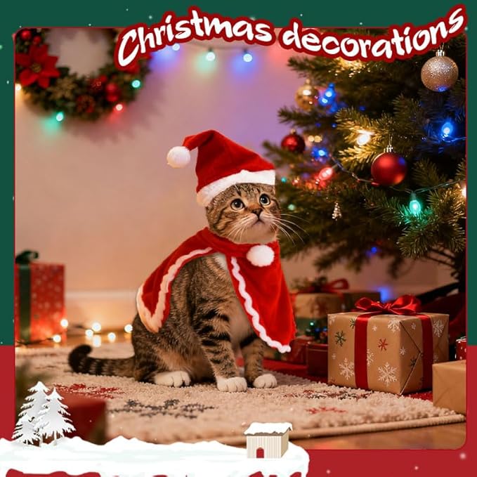 Pet Clothes for Cats Christmas Small Dog Costume Cape Shawl Christmas Hat for Rabbit Cat Holiday Outfit Apparel Dog Small Red Cloak Cat Santa Claus Suit Puppies Accessories Cap Pet Costume Photo Props