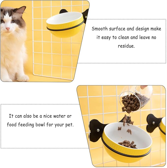 Ceramic Hanging Cat and Dog Bowl Set, Tilted Suspension Style Feeder with Iron Rack, Yellow Fishbone Pattern, Multi-Function Pet Feeding and Watering Bowl for Cats and Puppies