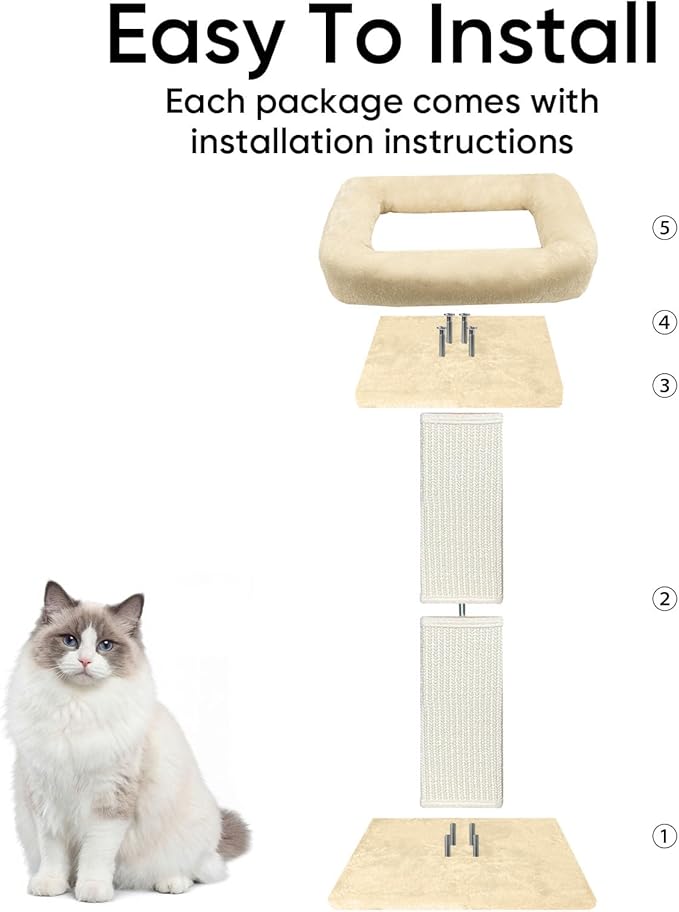 Cat Scratching Post, 32”Cat Scratcher with Large Plush Perch, Sisal & Carpet Scratching Post, Vertical Posts with Elevated Bed for Indoor Cats, Removable& Washable Cover, Beige