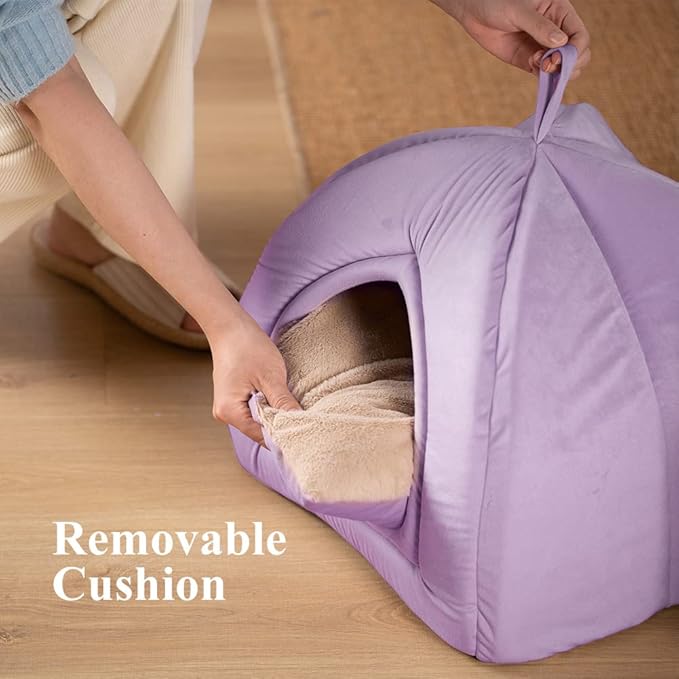 KASENTEX Cat Bed for Indoor Cats, 2-in-1 Cat House Pet Supplies for Kitten and Small Cat or Dog - Animal Cave, Cat Tent with Removable Washable Pillow Cushion (Purple 15x15x15)