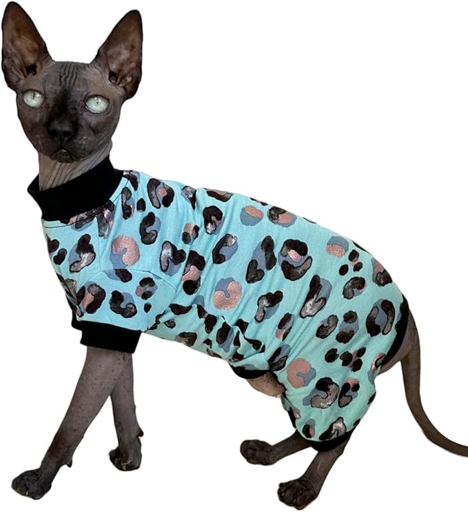 Sphynx Cat Four Leg Cotton Pajamas Elastic Pet Clothes for Hairless Cats Surgery Recovery Suit Undershirt Thermal Clothes for Sphynx, Devon, Cornish (Mint Leopard, S)