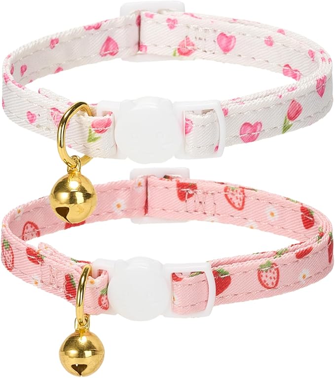 2 Pack Cat Collars, Removable Bowtie, Pink Heart Pattern, Safety Breakaway Clasp, Adjustable for Cats.(Adult Cat, Pink Strawberry and White Heart)