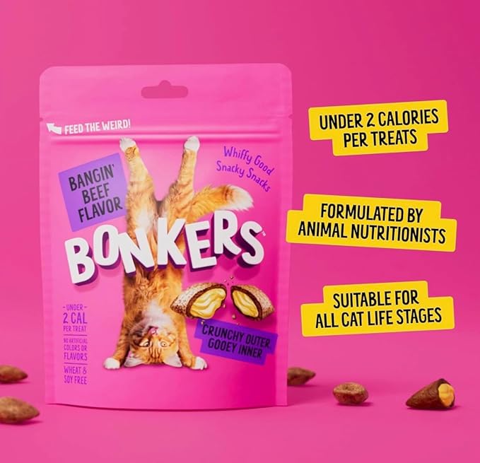 Bonkers Cat Bites, Crunchy & Soft Bangin' Beef Flavor Treats Resealable Bag for All Breeds and Ages 3 oz - 2 Packs with Cat Spring Toys