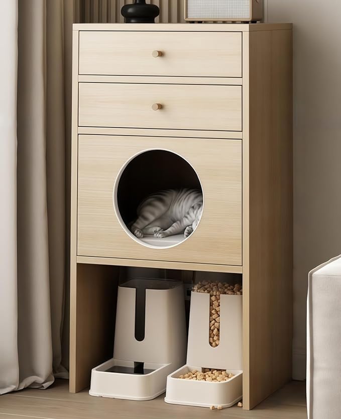 Multi-Function Cat House Furniture, Solid Wood Cat Condo with Storage Drawer, Pet Bed & Feeding Area, Compact Cat Cabinet (Natural,19.6" L*15.7" W*41.3" H)