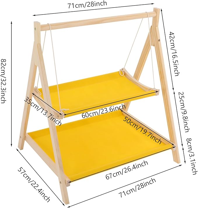 TFCFL Double Decker Cat Hammock Bed, Pine Wood & Cotton Cloth Cat Bunk Bed with Hanging Ropes, Elevated Cat Bed for Multiple Cats, Space Saving Cat Furniture for Indoor Cats (Yellow)