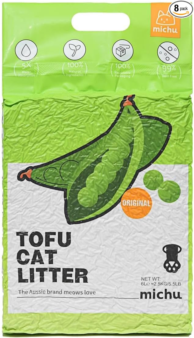 Michu Tofu Cat Litter Natural Clumping Tofu Cat Litter, Fast Clumping and Easily Scoop-able 5.5lb/88oz 5 Scents - Original, 8 Pack