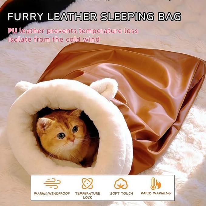 Winter Warming Cat Sleeping Bag，Soft Plush Sleeping Bag for Indoor Cats，Cozy Pet Nest for Cats and Dogs, Portable Calming Pet Nests，Cat Cave Bed Self Warming (Leather, XL(25 * 20 in)