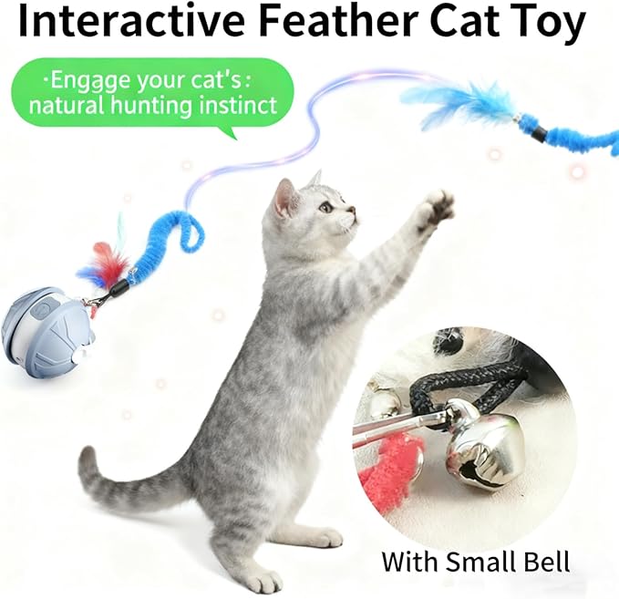 Interactive Cat Toy Ball for Indoor Cats, 2-in-1 Smart Moving Cat Ball with Feather Accessories, Automatic Kitten Toys for Bored Indoor Cats, USB Rechargeable Ideal for Small and Medium Cats