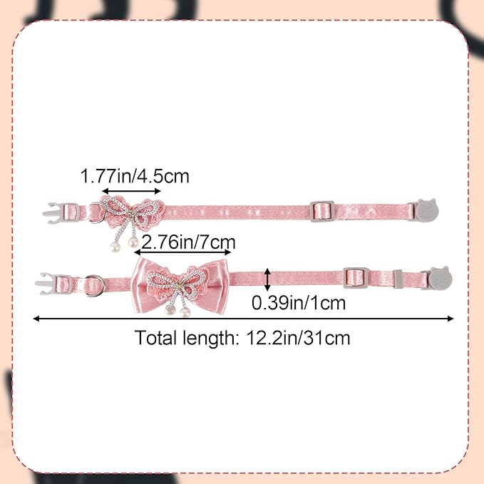 2pcs Adorable Cat Collar with Bow, Adjustable Breakaway Pink Collar for Girl Cat with Pearl Pendant Detachable Kitten Bowtie Accessories (2 Styles)