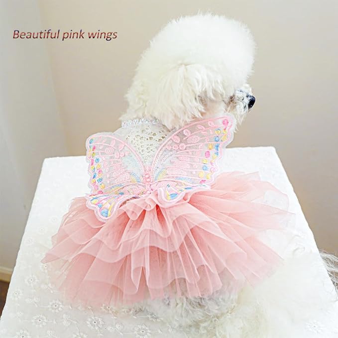 ANIAC Butterfly Dog Dress with Pink Tutu Funny Dog Clothes with Wing Girl Puppy Dress for Small Dogs Pet Butterfly Costume Holiday Cat Outfit for Halloween Birthday Wedding (Pink, X-Small)