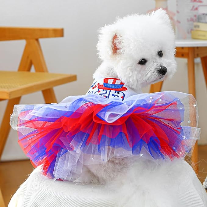ANIAC 4th of July Girl Dog Dress with Stars Independence Puppy Clothes for Small Dog 1st Independent Day Cat Outfit Patriotic Pet Princess Tutu Skirt (Independence, X-Large)