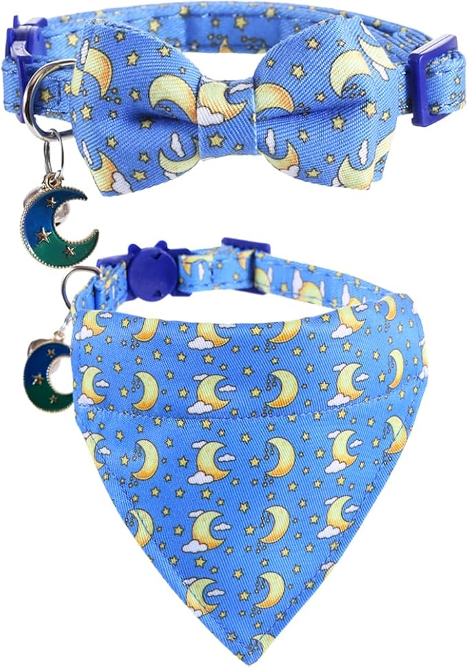 Lamphyface Cat Collar Breakaway with Cute Bow Tie Bandana and Bell Moon Accessories for Kitty Adjustable Safety
