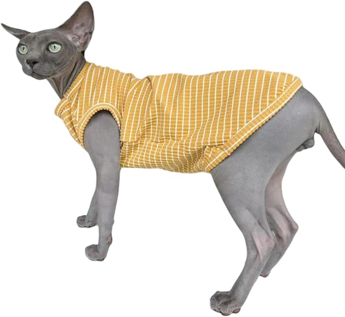 Sphynx Cat Clothes Vest for Hairless Cat, Rib Knit Stripe Cats T-Shirt Apparel, Kitten Summer Cotton Shirts Sleeveless for Cornish Rex, Devon Rex, Peterbald (Ginger, S (3.5-5 lbs))
