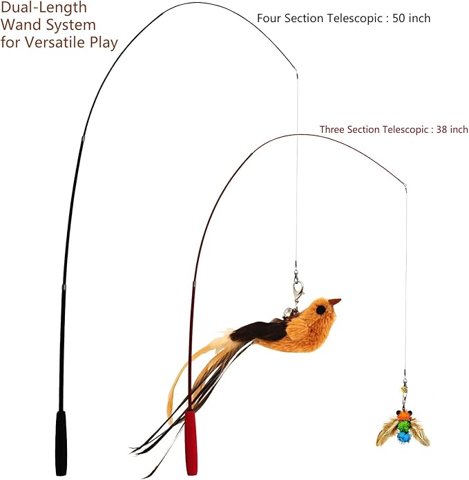 miwoowim Interactive Cat Wand Toy Set – 2 Retractable Wands (37" & 49") with 11 Refills Attachments – Feather Toys, Plush Bird, Worms, Insect & Swallow – Cat Teaser Toys for Indoor Cats & Kittens