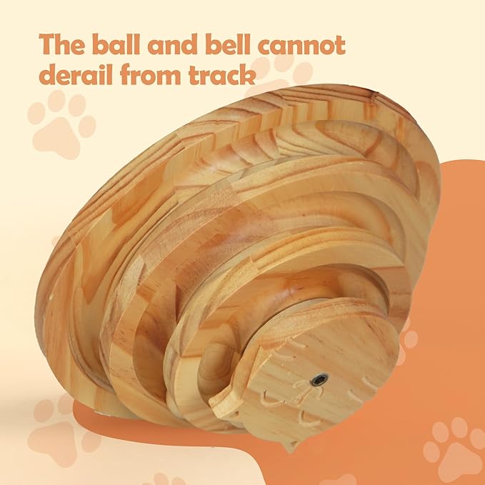 Cat Toy Ball Track with Feather Wand, 4 Layer Large Wooden Cat Ball Tower (9.9”) for Indoor Cats, Interactive Self Play Cat Toy with Bell Balls, Durable Pine Track for Big & Multi Cat Homes