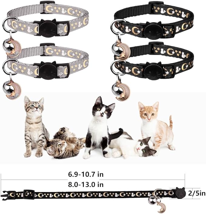 4PCS Cat Collar with Bells,Breakaway Cat Collars,Kitten Collar with Bell Moons Stars Cute Kitty Safe Kitten Collars with Pendant,Cat Collars for Boy Cats 6.9-10.7 Inch(2 Black & 2 Grey)