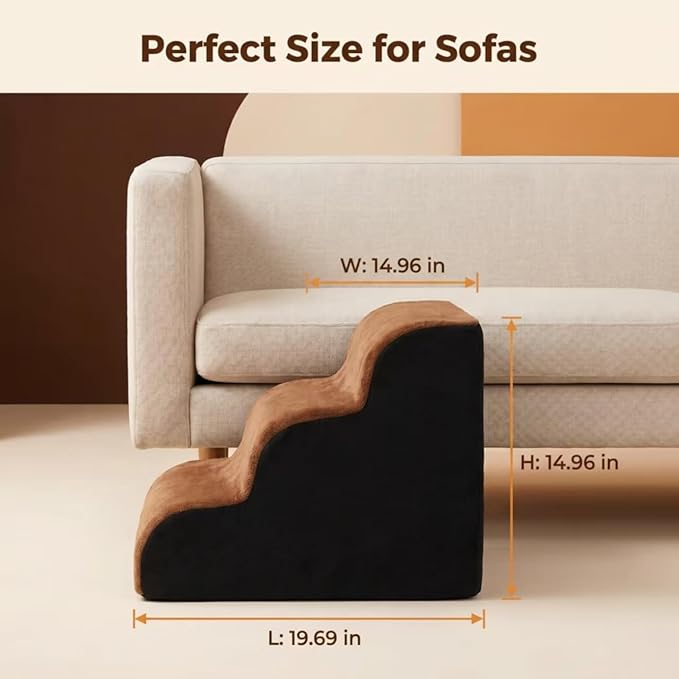 Dog Stairs for Small Dogs，35D Pet Stairs Steps 15” H with Durable Non-Slip Waterproof Fabric Cover, Slope Stairs to Bed for Small Dogs and Cats or Pets Joints, 3 Step Dog Ramp for Couch and Bed