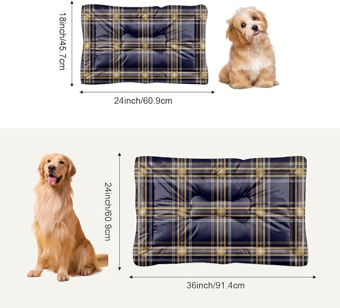 Navy Blue Yellow Plaid Dog Sleeping Mat Non Slip Bottom Dog Crate Bed Washable Cozy Soft Outdoor Cat Bed Pet Friendly Furniture Printed Kennel Mat Gift Flat 24× 18 Inch Indoor Outdoor