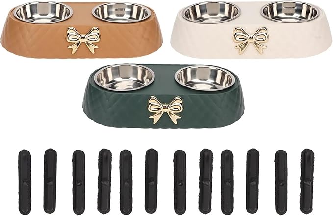 Pet Bowls with Holder Stainless Steel Food Water with Bowknot Decor for Dog Cat(Brown)