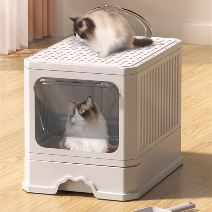 Pet Supplies, Foldable Covered Cat Litter Box with Scoop & Top/Dual Entry(Yellow)