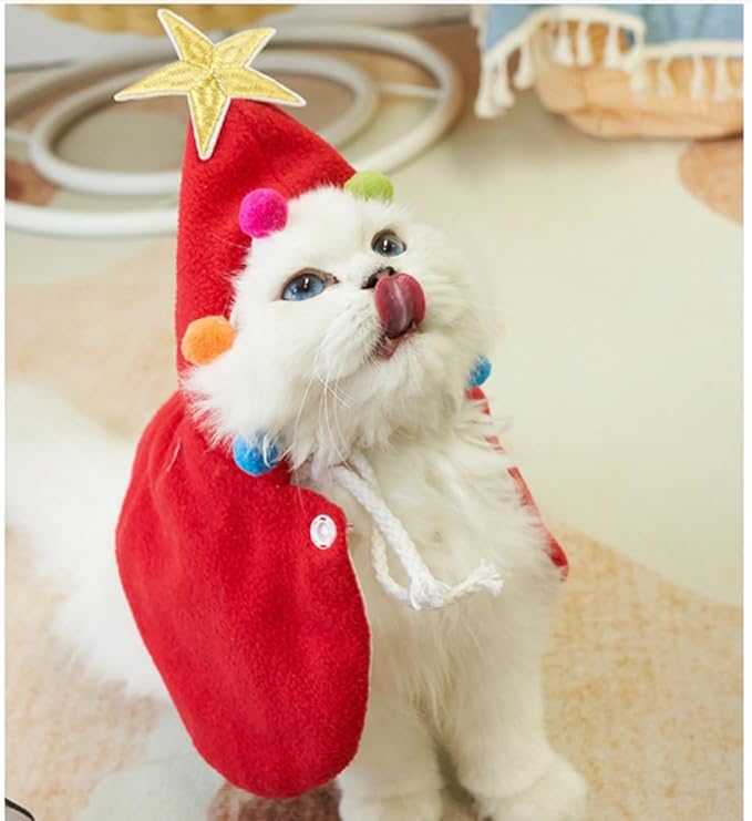 ANIAC Pet Dog Christmas Costume Puppy Xmas Cloak with Star and Pompoms Cat Santa Cape with Santa Hat Red Doggy Outfit Winter Cat Clothes for Kitten and Small to Medium Sized Dog (Small, Red)