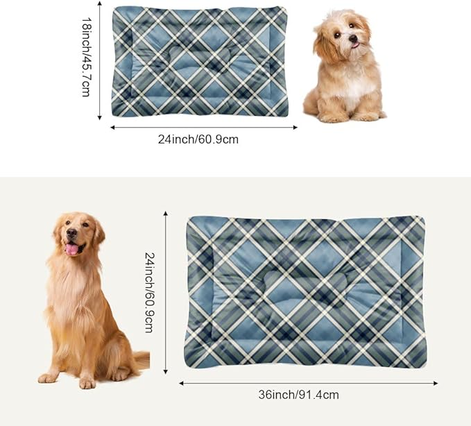 White Green Blue Plaid Crate Bed Non Slip Bottom Washable Pet Mat Cozy Soft Backseat Pet Bed Mat Furniture for Dogs Printed Cat Gift Rectangle Dog 36× 24 Inch Indoor Outdoor
