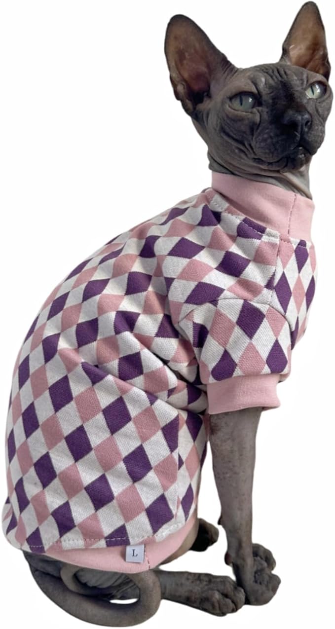 Vintage Mulan Cotton Sphynx Hairless Cats Shirt Cat Turtleneck Pet Clothes Kitten T-Shirts with Sleeves for Sphynx Cornish Rex, Devon Rex, Peterbald (Rhombus Pink, X-Large)