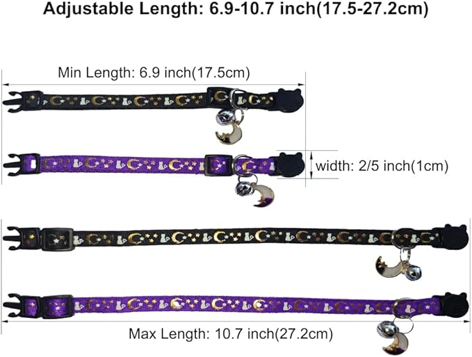 2 Pack Breakaway Cat Collars, Glow in Dark with Bell & Moon Star Pendant, Safety Buckle Kitten Collars Adjustable from 6.9-10.7" (Grey&Black)