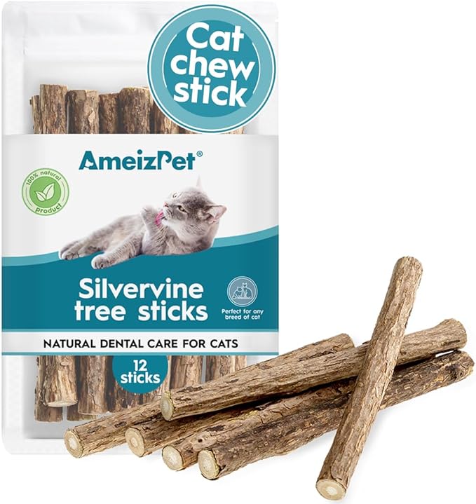 AmeizPet Catnip Sticks for Cats, Cat Dental Chew Sticks - Natural Matatabi Cat Dental Care, Silvervine Cat Teeth Cleaning (12 pcs)